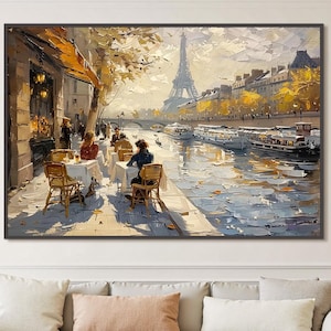 フランスのパリのカフェストリート、オリジナルのカスタマイズ可能な都市景観画、手描きのテクスチャ付きヨーロッパの壁アート、現代の抽象芸術都市アート