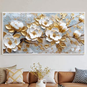 Solid Hand-painted 3D White Flower Oil Painting, Large Gold White Floral Wall Art, Abstract Blossom Original Spring Flower Home Art Decor