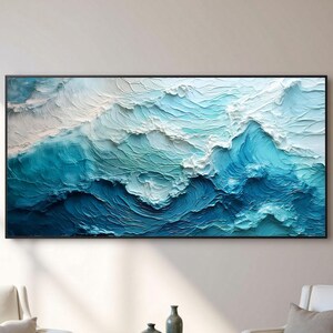 Originale dipinto murale con motivo costiero blu oceano, dipinto a olio con onde oceaniche strutturate, dipinto astratto di paesaggio marino blu, decorazione murale moderna per camera da letto in stile spiaggia