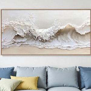 3D Original Textured Ocean Wave Oil Painting on Canvas, Beige White Minimalist Beach Painting, Hand-Painted Modern Living Room Wall Decor