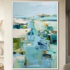青緑の抽象油絵、テクスチャのあるインパストアートワーク