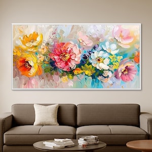 Abstract Colorful Flower Oil Painting On Canvas Textured 3D Palette Knife Floral Painting Bold Impasto Modern Wall Art Living Wall Decor