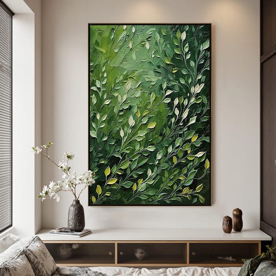 Green Leaves Oil Painting, Abstract Textured Plant Art, Living Room Artwork
