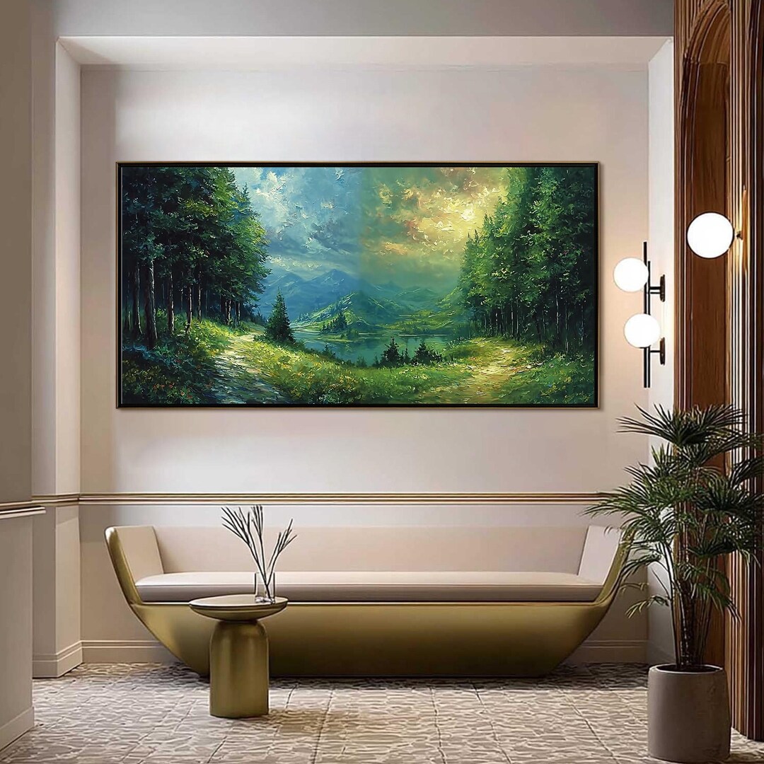 Mountain Lake Oil Painting, Large Green Landscape Wall Art ...