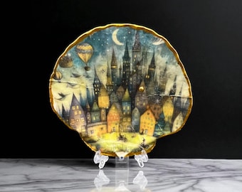 Arte con conchas marinas en decoupage: diseño de pueblo con un toque de fantasía. Concha de vieira grande para porta joyas, joyero, regalo hecho a mano, arte con conchas, recuerdo.
