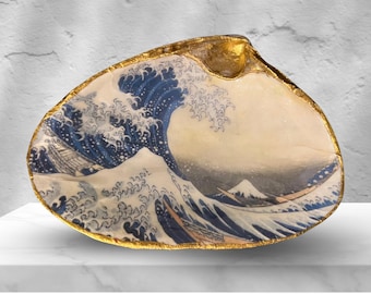 Decoupaged schelpkunst: de grote golf van Kanagawa door Hokusai Grote schelpdierenschelp voor trinketschaal, sieradenschaal, handgemaakt cadeau, schelp