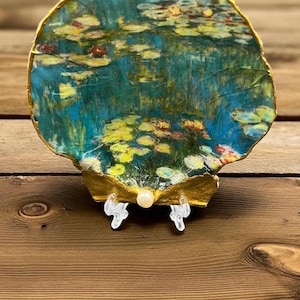 Decoupage Muschelbild: Monets Seerosen. Große Jakobsmuschelschale für Schmuckschale, Schmuckschale, handgemachtes Geschenk, Muschelkunst, Gastgeschenke