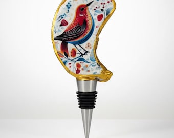 Decoupaged oesterwijnflestopper met volkskunstontwerp.  handgemaakt cadeau, schaalkunst, gunsten