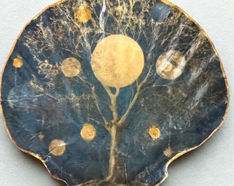 Hemelse boom schaal met grote zeeschelp, sieradenschaal, handgemaakt cadeau met hemels ontwerp, cadeaus voor haar.