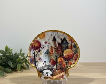 Zeeschelpkunst voor decoupage: grillig dorpspatroon. Grote sint-jakobsschelp voor trinketschaal, sieradenschaal, handgemaakt cadeau, schelpkunst, gunsten