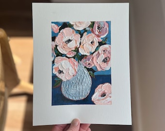 Amber Garden Roses | 5x7 Original Acrylic Painting on Paper | Textured Pink Floral Still Life