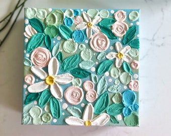 Mint and Pink Textured Floral Painting | Mini Garden Art | Set of Flower Nursery Paintings