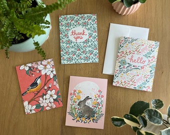 Hand Drawn Garden Notecard Set of 8 | Cat, Bird, and Bunny Card Pack | Size A2 | Thank You | Hello | Blank Cards for all Occasions