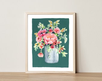 Floral Art Print: Pink Flower Bouquet, Watercolor Gouache Painting