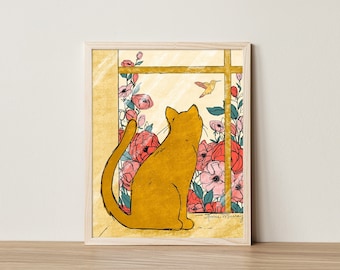Cat in the Window Fine Art Print 8x10" | Yellow Cat Wall Decor | Gift for Cat Lady | Cat Nursery Decor