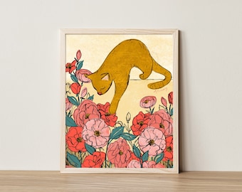 Cat in the Rose Garden Art Print 8x10" | Gift for Cat lover | Yellow Cat Wall Decor | Hand Drawn Fine Art Print