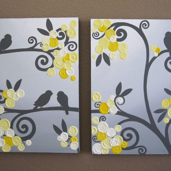 Wall Art, Yellow Grey Flowers and Birds, Textured Acrylic Painting on Canvas, set of two 18x24" MADE TO ORDER