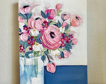 Pink Roses | 12x16 Inch Textured Acrylic Still Life Painting on Canvas | Ready to Ship