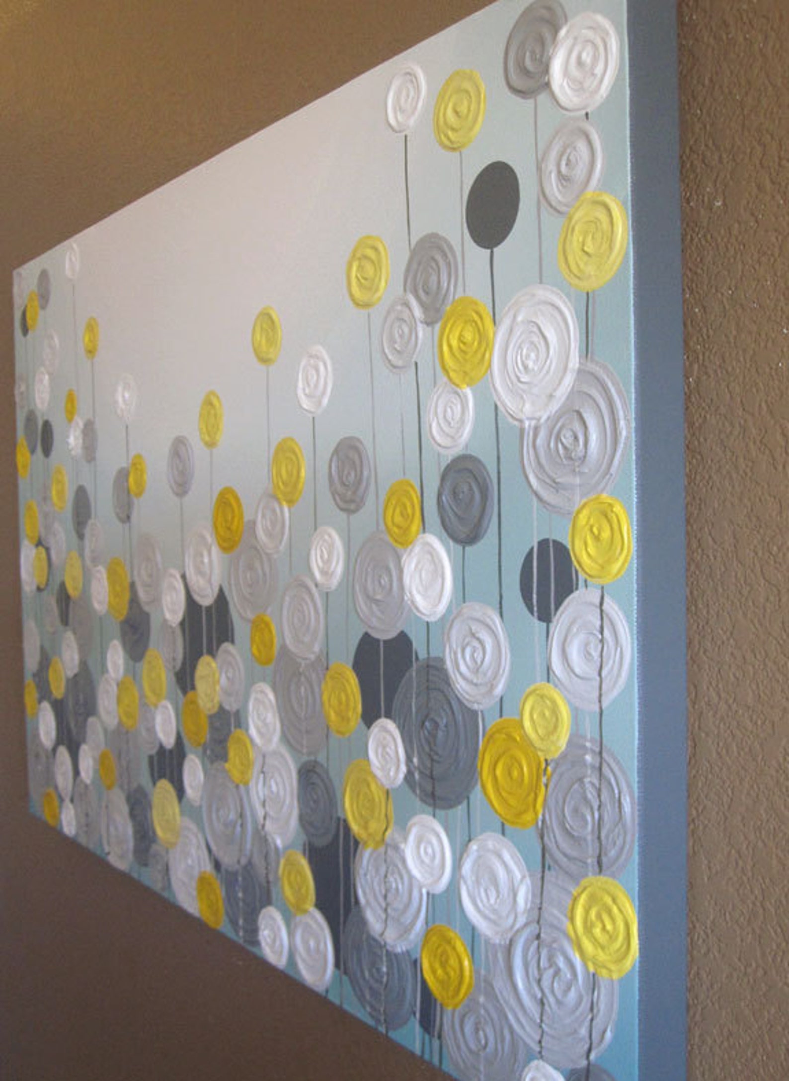 Yellow Gray and Aqua Blue Wall Art Textured Painting Etsy