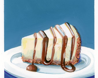 Caramel Cheesecake, Realistic food painting, Valentines Day Gift, novelty food art, 6x6 original gouache painting