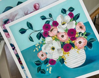 Pink Floral Still Life Art Print: Cottage Style Nursery Decor