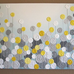 Yellow, Gray, and Aqua Blue Textured Wall Art, Abstract Flowers, Large Acrylic Painting on Canvas image 3