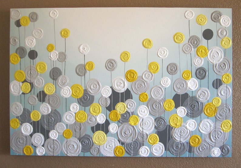 Yellow, Gray, and Aqua Blue Textured Wall Art, Abstract Flowers, Large Acrylic Painting on Canvas image 3