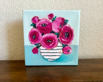 Floral Mini Painting: Textured Acrylic Still Life, 5x5 Inch Canvas