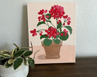 Red floral painting, textured acrylic geranium in terracotta pot, 3D impasto painting, 11x14