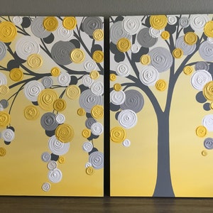 Yellow and Gray Textured Tree Art, Diptych Set of Two, Custom Painted, Modern Acrylic Painting image 7