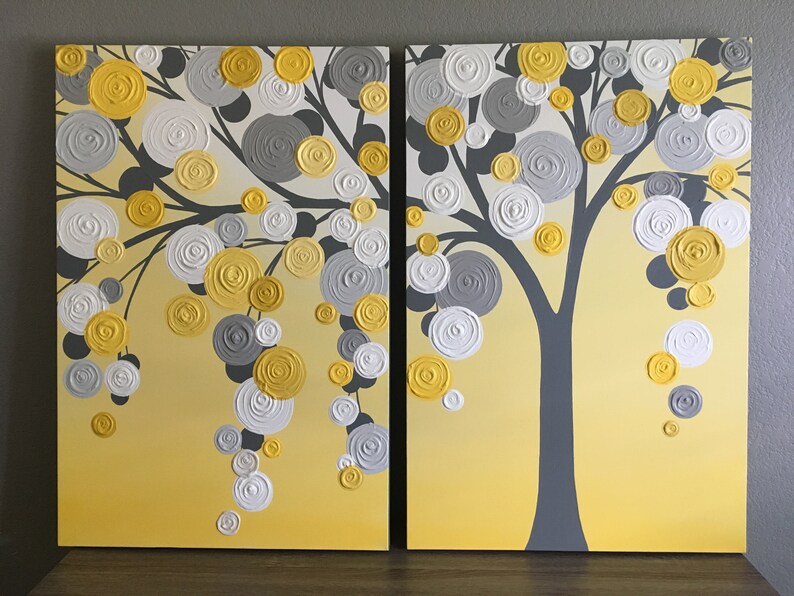 Yellow and Gray Textured Tree Art, Diptych Set of Two, Custom Painted, Modern Acrylic Painting image 7