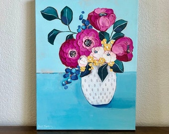 Textured Floral Still Life Painting: Fuchsia, Peach, and White Acrylic on Canvas (12x16 Inch)