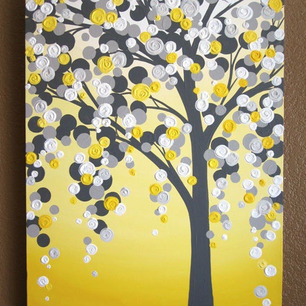 Pintura de árboles amarillos y grises / Arte de textura pesada / Acrílico personalizable sobre lienzo