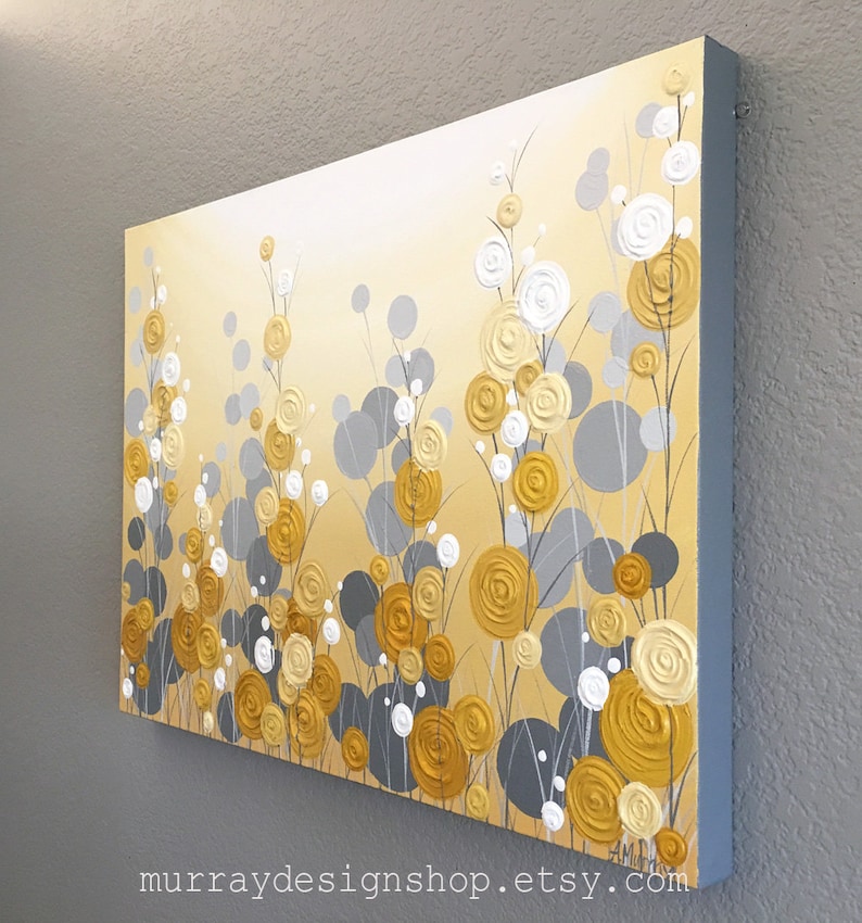 Mustard Yellow and Grey Wall Art, Textured Painting, Abstract Flowers, Acrylic Painting on Canvas Made to Order image 3