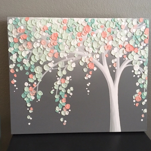 Mint Green and Peach Coral Art, Textured Tree, Nursery Art, Original Painting on Canvas, select your size