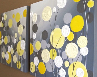 Wall Art, Textured Yellow and Grey Abstract Flower Garden, two Acrylic Paintings on Canvas, MADE TO ORDER