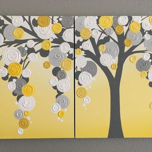 Yellow and Gray Textured Tree Art, Diptych Set of Two, Custom Painted, Modern Acrylic Painting image 5