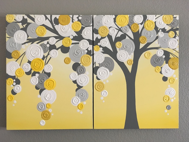 Yellow and Gray Textured Tree Art, Diptych Set of Two, Custom Painted, Modern Acrylic Painting image 5