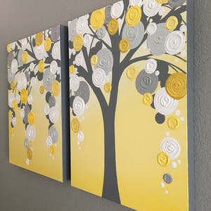 Yellow and Gray Textured Tree Art, Diptych Set of Two, Custom Painted, Modern Acrylic Painting image 4