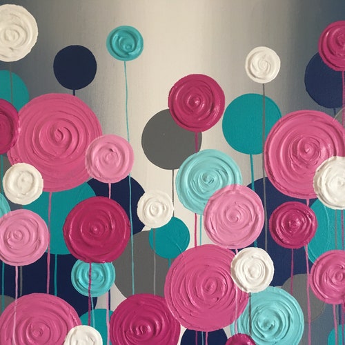 Magenta, Teal, and Navy Circle Nursery Art, Textured impasto wall shops art, made to order