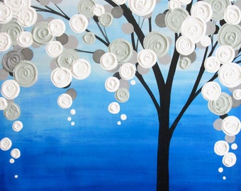 Blue and Gray 24x36 Textured Tree Art, Original Painting on Canvas, ready to ship