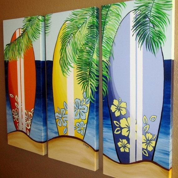 Items similar to Surfboard Canvas Art Hawaiian Beach Themed Paintings