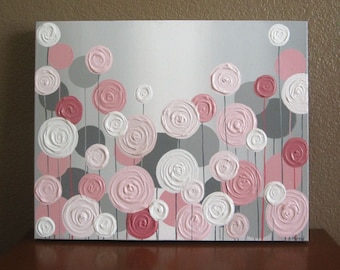 Pink and Grey Abstract Textured Flower Painting | Original Plaster Art on Canvas | Nursery Wall Art