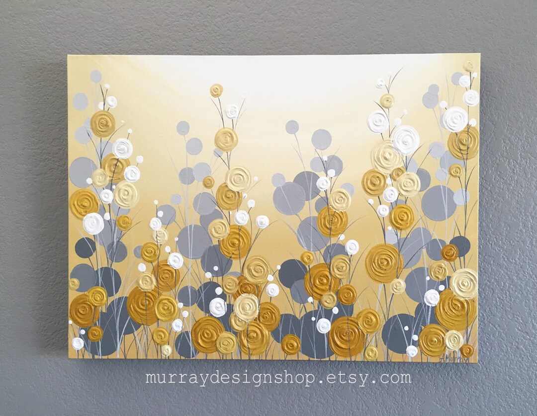 Mustard Yellow and Grey Wall Art, Textured Painting, Abstract Flowers