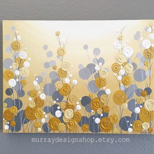 Mustard Yellow and Grey Wall Art, Textured Painting, Abstract Flowers, Acrylic Painting on Canvas Made to Order image 1