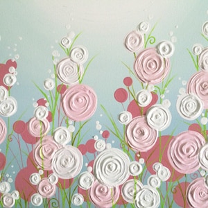 Pink and Aqua textured flowers, Nursey Art MADE TO ORDER in many sizes, Original Painting