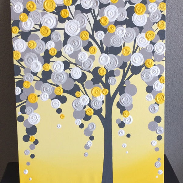 Yellow and Grey Art, 18x24 Textured Tree, Acrylic Painting on Canvas, READY TO SHIP