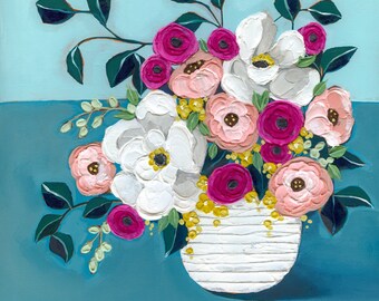Pink Spring Floral | 20x20 Inch Textured Acrylic Still Life on Canvas