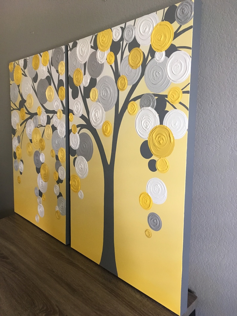 Yellow and Gray Textured Tree Art, Diptych Set of Two, Custom Painted, Modern Acrylic Painting image 10