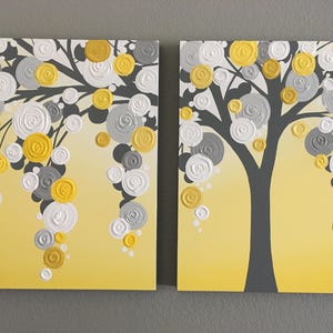 Yellow and Gray Textured Tree Art, Diptych Set of Two, Custom Painted, Modern Acrylic Painting image 1